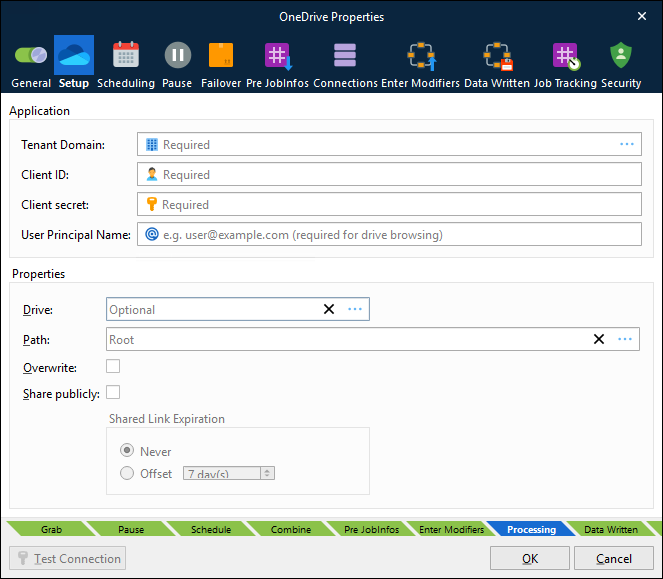 The Setup tab of the OneDrive output module's Properties window in Lasernet Core 11.2.